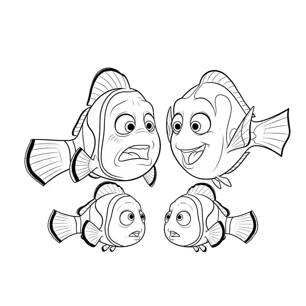 Marlin e Dory encontrando peixes-palhaço gêmeos parecidos com Nemo em Procurando Nemo para colorir.