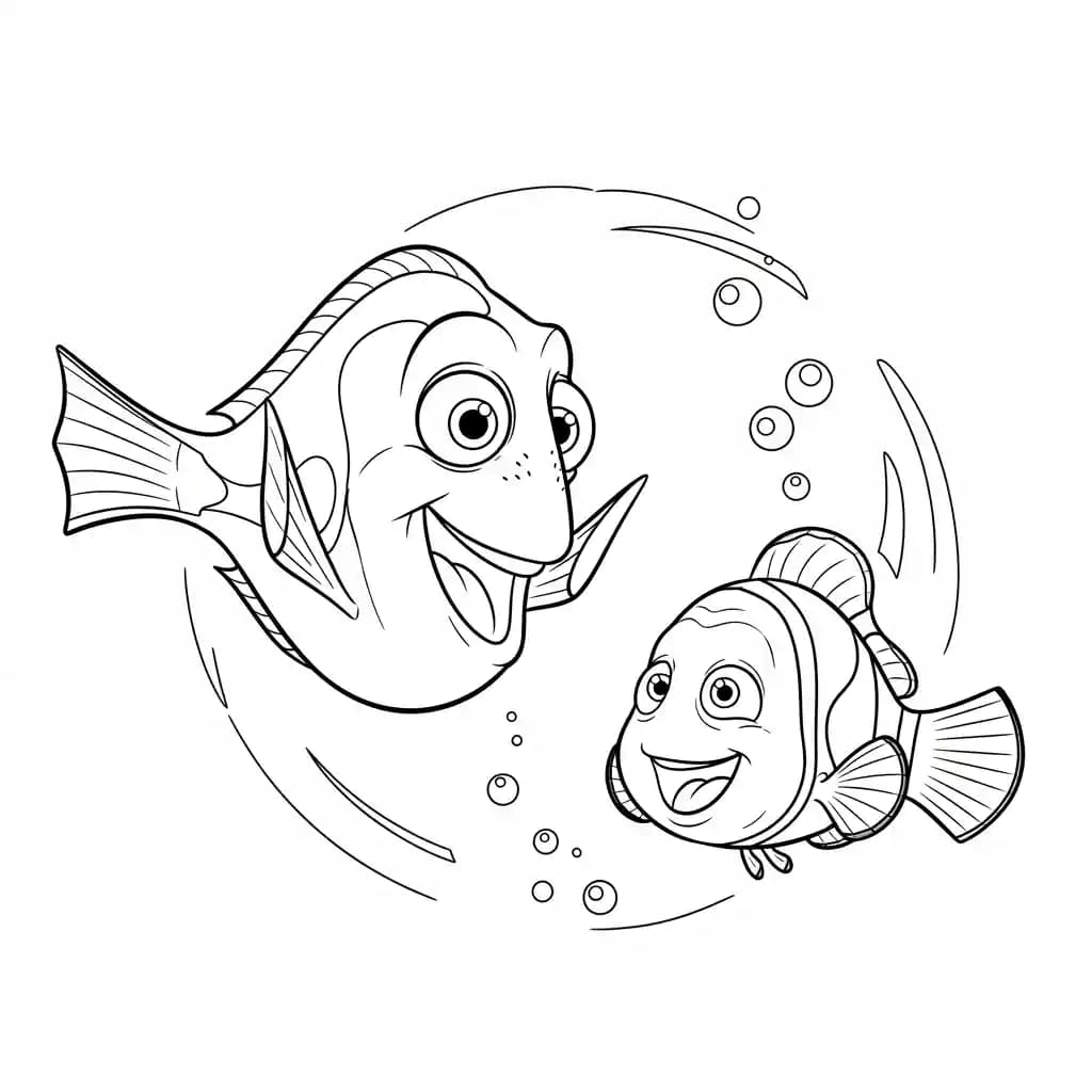 Dory ensinando Nemo a nadar em círculos com alegria em Procurando Nemo para colorir.