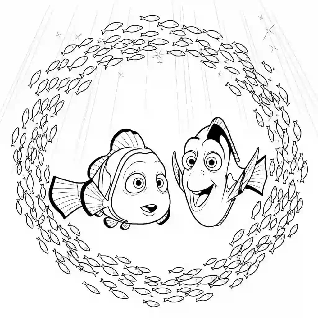 Nemo e Dory cercados por peixinhos dourados brilhantes em Procurando Nemo para colorir.