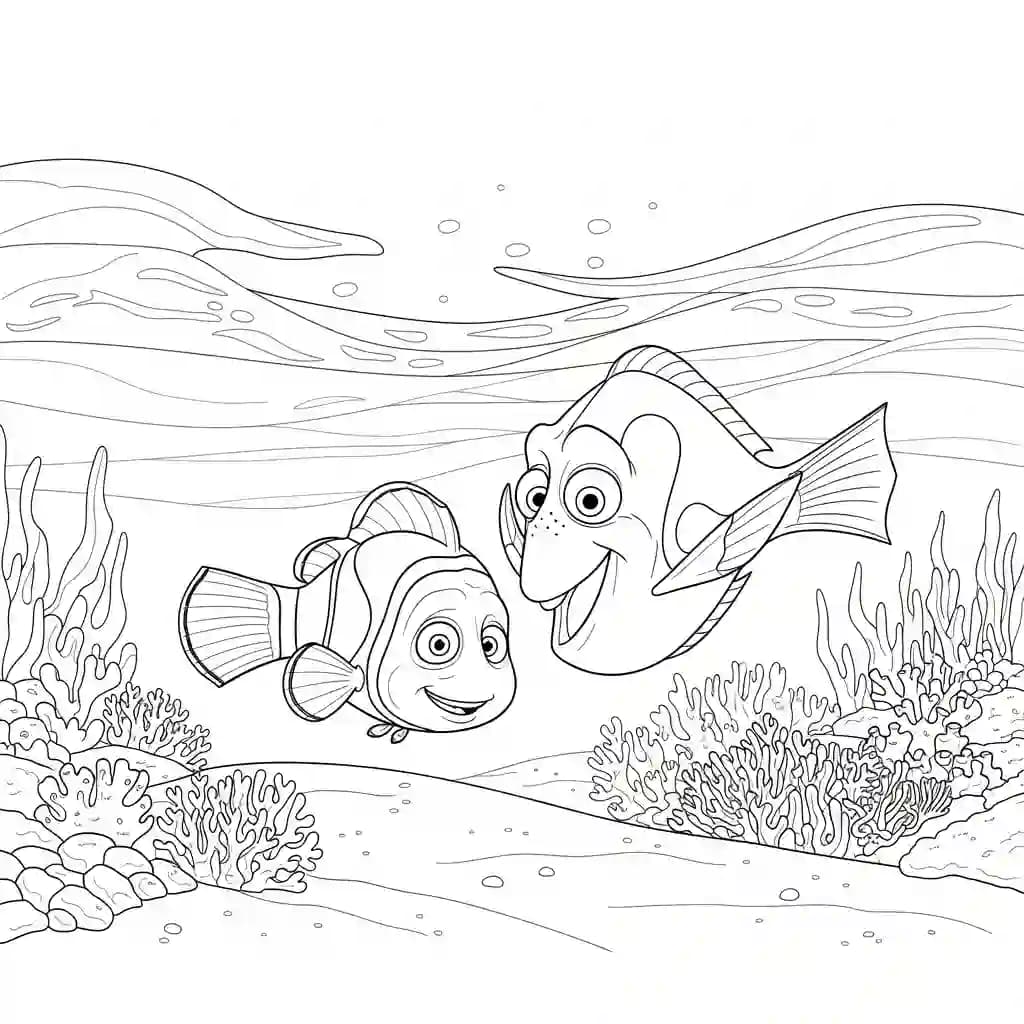 Marlin e Dory descansando em um recife tranquilo sob as ondas em Procurando Nemo para colorir.