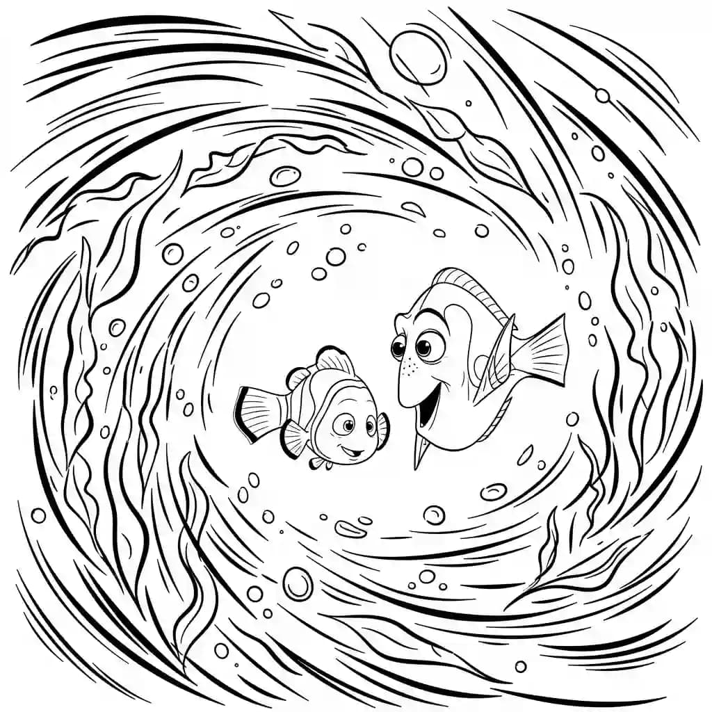 Nemo e Dory observando uma corrente marinha cheia de bolhas em Procurando Nemo para colorir.