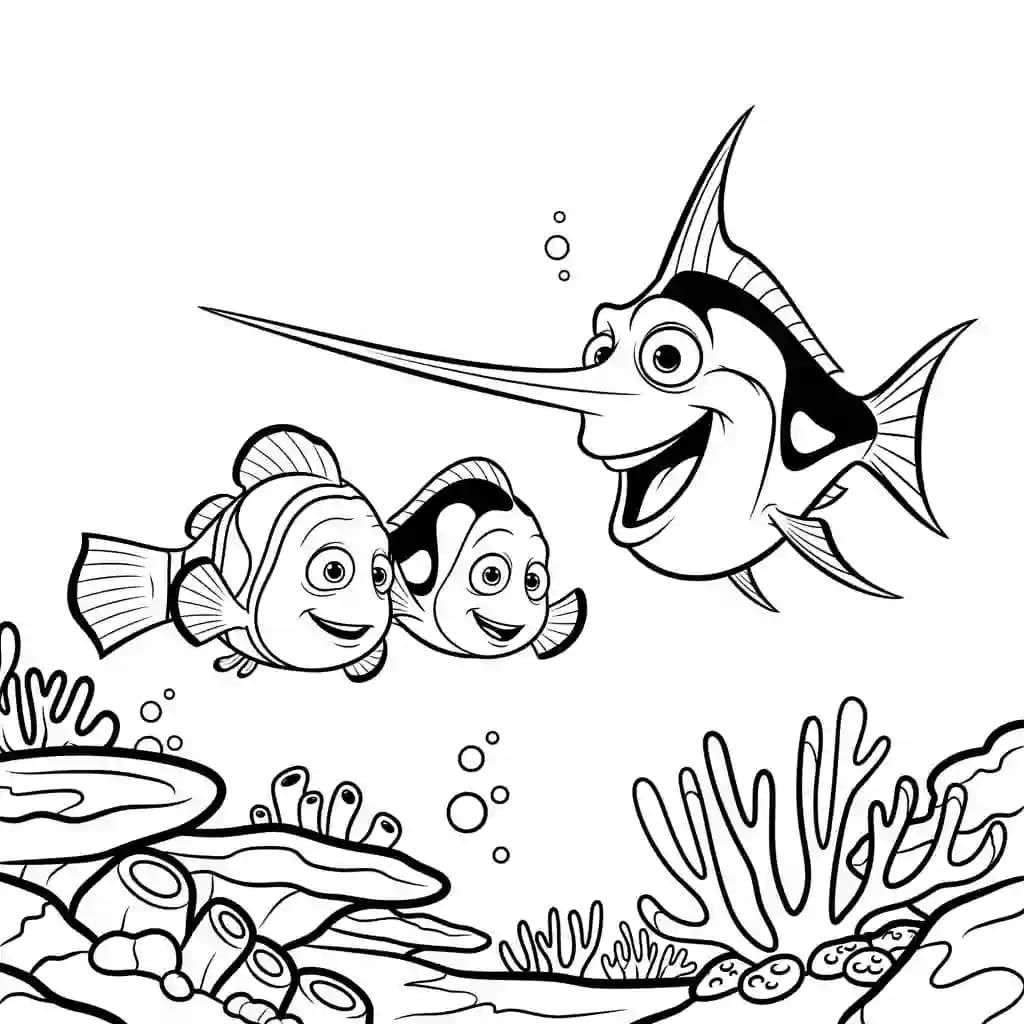 Marlin e Dory conhecendo um peixe-espada amigável perto dos corais em Procurando Nemo para colorir.