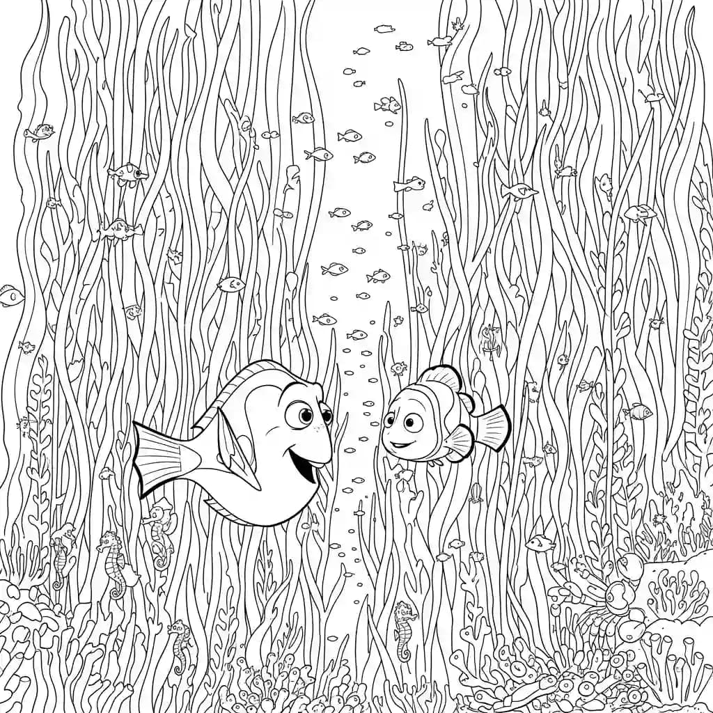 Dory e Nemo explorando uma floresta de algas com peixinhos em Procurando Nemo para colorir.
