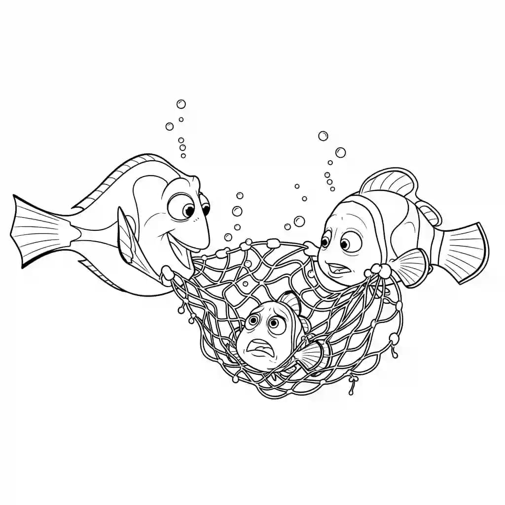 Dory e Nemo ajudando um peixe preso em uma rede em Procurando Nemo para colorir.