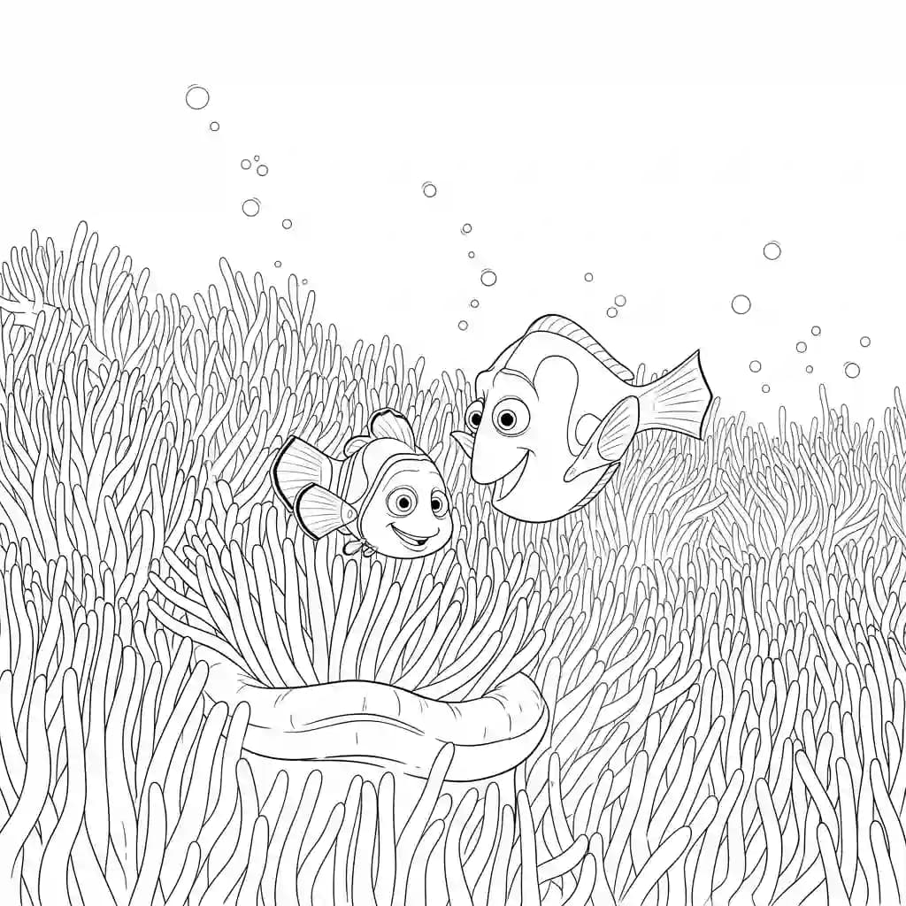 Nemo e Dory visitando um campo de anêmonas do mar em Procurando Nemo para colorir.