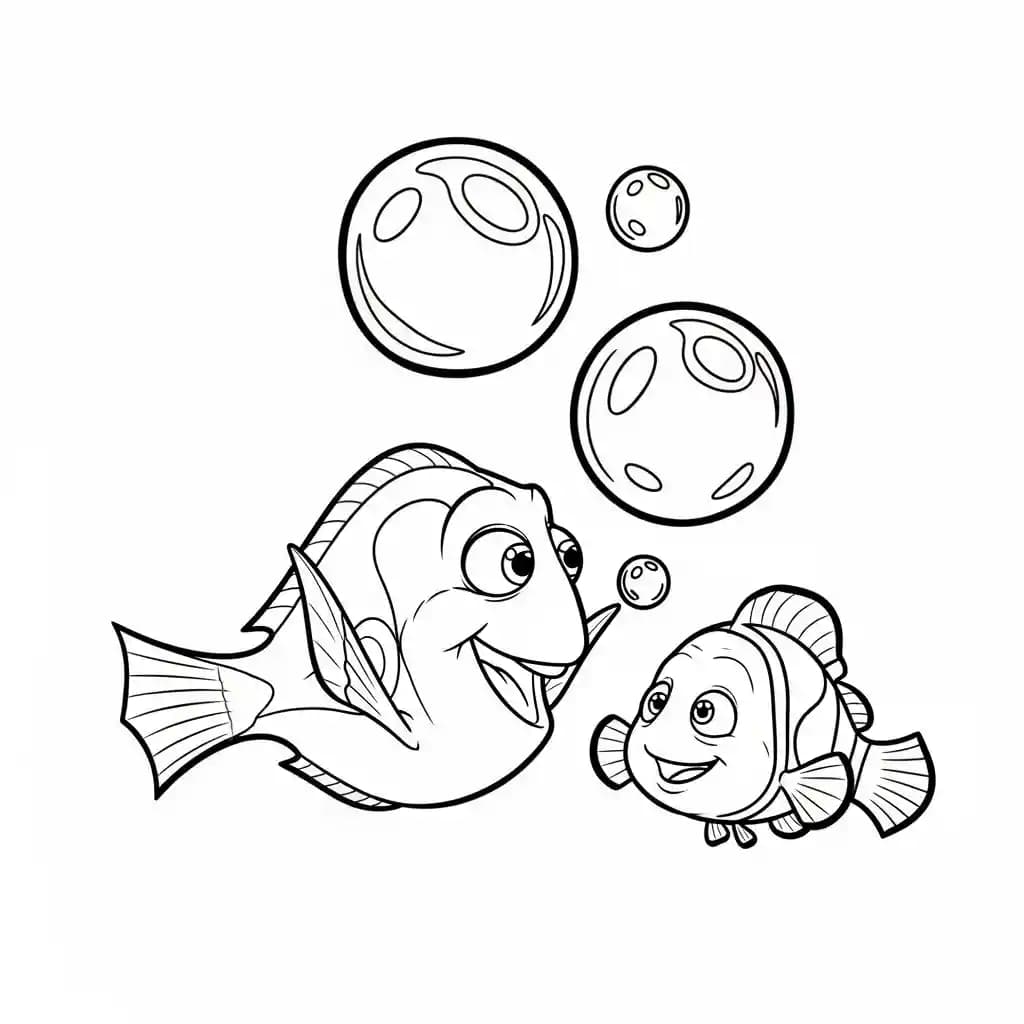 Dory e Nemo brincando com bolhas grandes no oceano em Procurando Nemo para colorir.