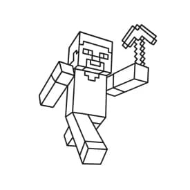 Minecraft Desenho para colorir de Minecraft com Steve segurando uma picareta, blocos de terra, Creeper ao fundo e cenário pixelado — ideal para fãs do jogo, imprimir grátis e explorar o mundo criativo de Minecraft.