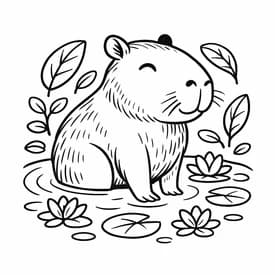 Capivaras Desenho para colorir de capivara sentada tranquilamente perto de um lago com folhas e flores ao redor — ideal para imprimir grátis e curtir atividades relaxantes com o maior roedor do mundo.