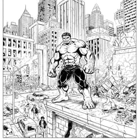 Desenho do Hulk em uma Cidade em Ruínas para Colorir