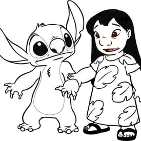 Desenho para Colorir do Stitch com um Sapo Fofo no Colo Desenho para Colorir da Lilo e Stitch de Mãos Dadas com Expressão Curiosa