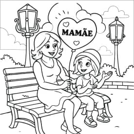 Mamãe e Filha com Balão - Desenho para Colorir