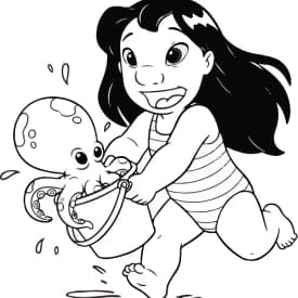 Desenhos para Colorir do Stitch Sentado Acenando com Expressão Fofa Desenho para Colorir da Lilo Correndo com Polvo no Balde