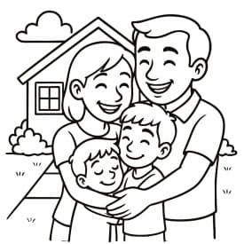 Família Abraçando em Frente à Casa - Desenho para Colorir