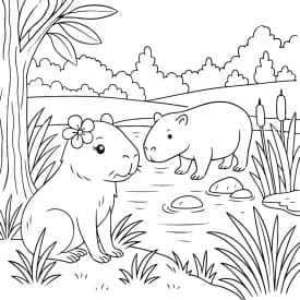 Capivaras no Lago com Flores para Colorir
