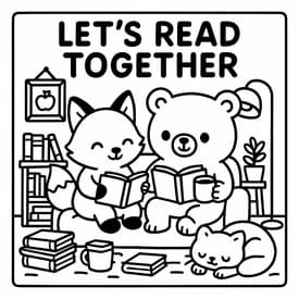 Desenhos de Cozy Friends para Imprimir e Colorir Desenho para Colorir Cozy Friends: Vamos Ler Juntos com Raposa e Ursinho