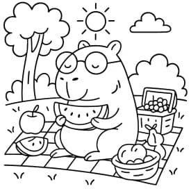 Capivara no Piquenique com Frutas para Colorir