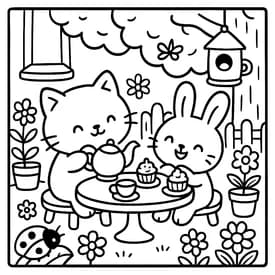 Desenho para Colorir Cozy Friends: Chá no Jardim