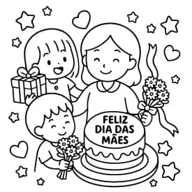 Comemoração do Dia das Mães com Bolo e Presentes - Desenho para Colorir
