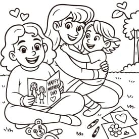 Mamãe Brincando com Seus Filhos no Jardim - Desenho para Colorir