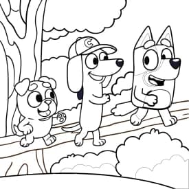 Família da Bluey para Colorir: Bluey, Bingo, Bandit e Chilli Juntos! Bluey e Amigos na Árvore: Desenho para Colorir em Meio à Natureza