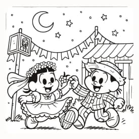 Desenho de Crianças Dançando em Volta da Fogueira na Festa Junina Desenho de Casal Dançando Quadrilha sob o Céu Estrelado na Festa Junina