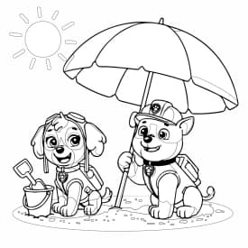 Desenho da Patrulha Canina para Colorir - Rubble, Chase e Skye em Cena de Diversão Desenho da Patrulha Canina na Praia para Colorir