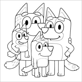 Bluey e Amigos na Árvore: Desenho para Colorir em Meio à Natureza Família Completa da Bluey para Colorir: Bluey, Bingo, Bandit e Chilli Juntos