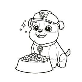Desenho da Patrulha Canina para Colorir - Rubble, Chase e Skye em Cena de Diversão Desenho de Rubble com Tigela de Comida para Colorir