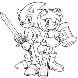 Desenho para Colorir do Sonic e Amy com Espada e Martelo
