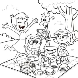 Desenho para Colorir Divertida Mente com Nomes: Conheça as Emoções Desenho para Colorir Piquenique Divertida Mente: Emoções em um Dia ao Ar Livre