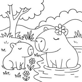 Capivara Mamãe no Lago com Filhote para Colorir
