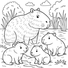 Família de Capivaras na Lagoa para Colorir
