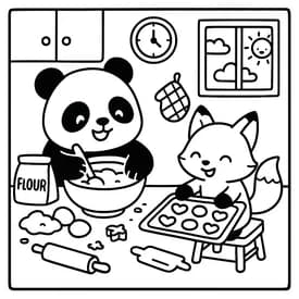 Desenho para Colorir Cozy Friends: Cachorrinho e Gatinho em um Good Morning Aconchegante Desenho para Colorir Cozy Friends: Panda e Raposa Fazendo Biscoitos