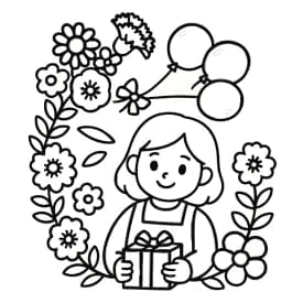 Menina com Flores e Presente - Desenho para Colorir