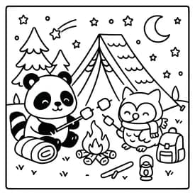 Desenho para Colorir Cozy Friends: Panda e Coruja Acampando