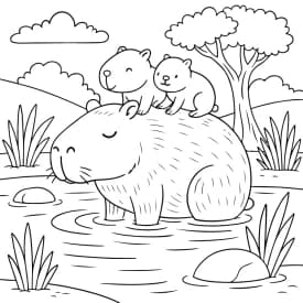Capivara com Filhotes na Lagoa para Colorir