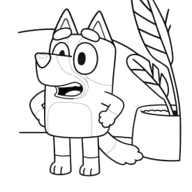 Bluey para Colorir: Expressão Curiosa com Planta ao Fundo
