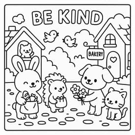 Desenho para Colorir Cozy Friends: Seja Gentil com seus Amigos