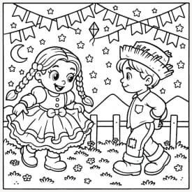 Desenho de Casal Dançando Quadrilha sob o Céu Estrelado na Festa Junina Crianças Dançando na Festa Junina – Desenho para Colorir