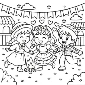 Desenho de Crianças Dançando e Brincando na Festa Junina