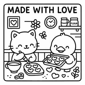 Desenhos de Cozy Friends para Imprimir e Colorir Desenho para Colorir Cozy Friends: Gatinho e Patinho Fazendo Biscoitos com Amor
