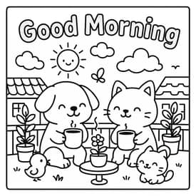 Desenho para Colorir Cozy Friends: Gatinho Fitness com Mensagem You Got This! Desenho para Colorir Cozy Friends: Cachorrinho e Gatinho em um Good Morning Aconchegante
