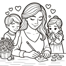 Mamãe Criando Cartão com Seus Filhos - Desenho para Colorir