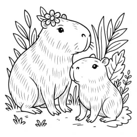 Capivaras com Flores para Colorir