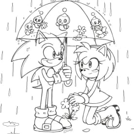 Desenho para Colorir do Sonic e Amy na Chuva