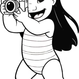 Desenho para Colorir do Stitch com Braços Abertos e Sorriso Entusiasmado Desenhos para Colorir da Lilo com Câmera na Praia