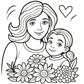 Mãe e Filha com Flores - Desenho para Colorir