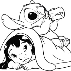Desenho para Colorir do Stitch com Todos os Seus Braços de Experimento Desenhos para Colorir do Stitch Bebê com Mamadeira e Lilo Aconchegada