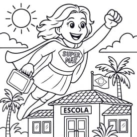 Super Mãe Voando sobre a Escola - Desenho para Colorir