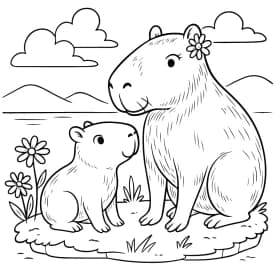 Capivara Mamãe e Filhote para Colorir